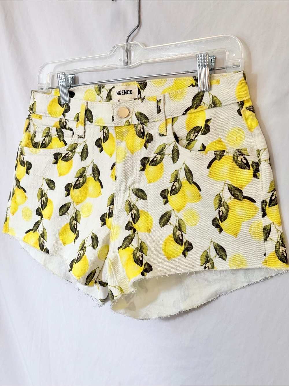 Lemon Denim Shorts L’AGENCE Raw Hem Size 27 White Yellow